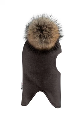 Зимова шапочка-шолом Corona.hm "Карамелька" графіт з 2 натуральними помпонами єнот