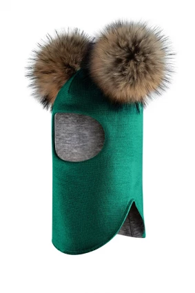 Зимова шапочка-шолом Corona.hm "Карамелька" смарагд з 2 натуральними помпонами єнот