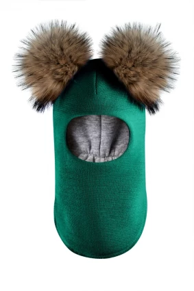 Зимова шапочка-шолом Corona.hm "Карамелька" смарагд з 2 натуральними помпонами єнот
