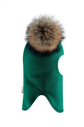 Зимова шапочка-шолом Corona.hm "Карамелька" смарагд з 2 натуральними помпонами єнот