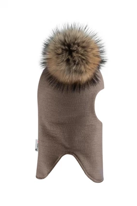 Зимова шапочка-шолом Corona.hm "Карамелька" капучіно з 2 натуральними помпонами єнот
