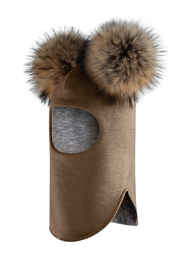 Зимова шапочка-шолом Corona.hm "Карамелька" молочний шоколад з 2 натуральними помпонами єнот