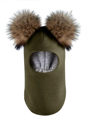 Зимова шапочка-шолом Corona.hm "Карамелька" хакі з 2 натуральними помпонами єнот
