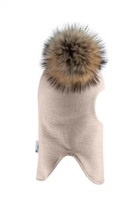 Зимова шапочка-шолом Corona.hm "Карамелька" лате з 2 натуральними помпонами єнот