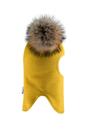 Зимова шапочка-шолом Corona.hm "Карамелька" медовий з 2 натуральними помпонами єнот