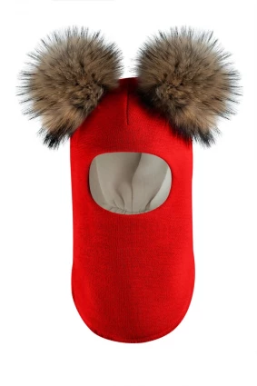 Зимова шапочка-шолом Corona.hm "Карамелька" червоний з 2 натуральними помпонами єнот