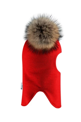 Зимова шапочка-шолом Corona.hm "Карамелька" червоний з 2 натуральними помпонами єнот