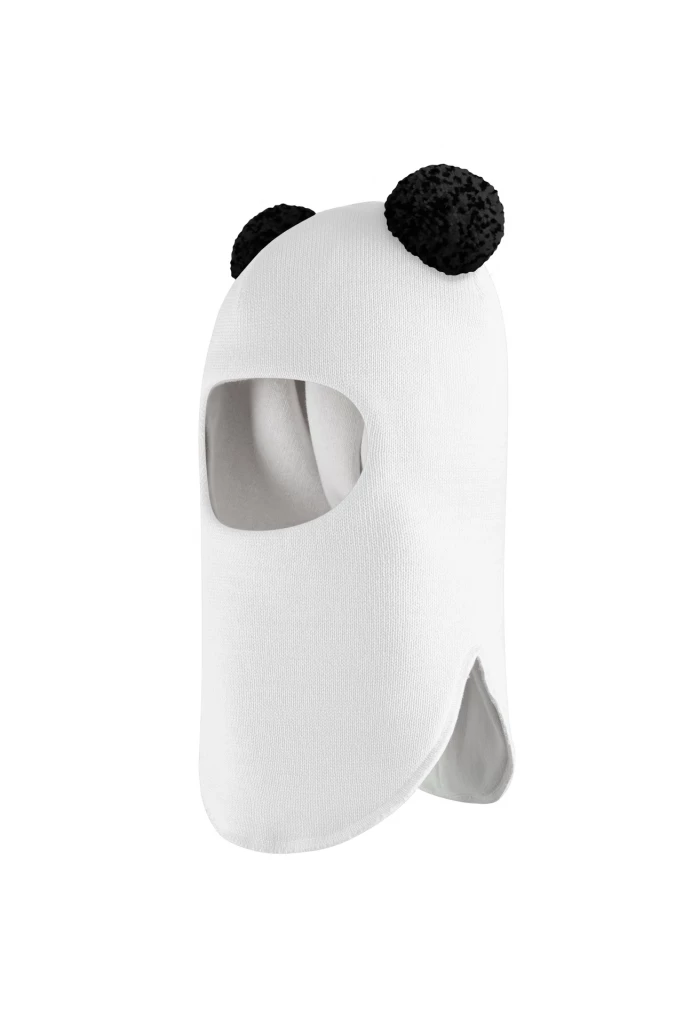 Зимняя шапочка шлем Corona.hm "Пандочка с черными помпонами" молоко