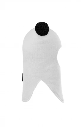 Зимняя шапочка шлем Corona.hm "Пандочка с черными помпонами" молоко