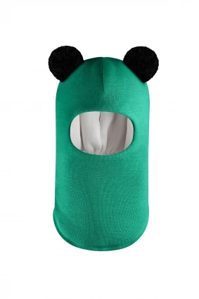Зимняя шапочка шлем Corona.hm "Пандочка с черными помпонами" изумруд