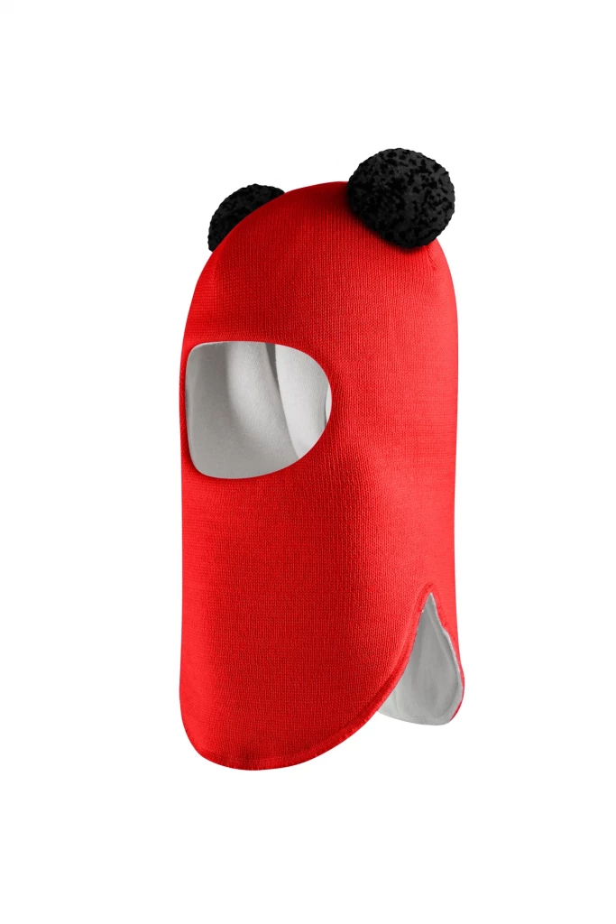 Зимняя шапочка шлем Corona.hm "Пандочка с черными помпонами" красный