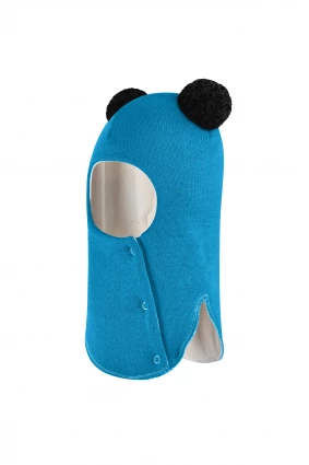 Зимняя шапочка шлем Corona.hm "Пандочка с черными помпонами" на кнопочках бирюза