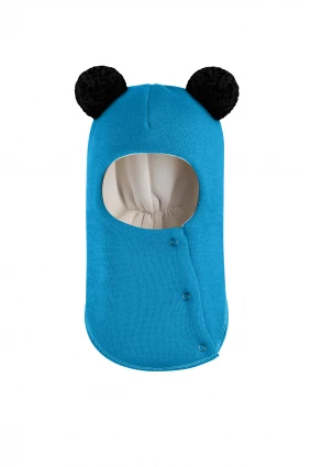 Зимняя шапочка шлем Corona.hm "Пандочка с черными помпонами" на кнопочках бирюза
