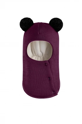 Зимова шапочка-шолом Corona.hm "Пандочка з чорними помпонами" на кнопочках бордо