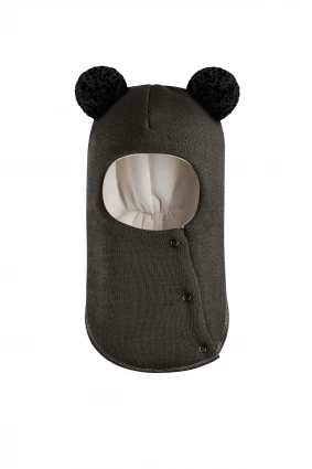Зимняя шапочка шлем Corona.hm "Пандочка с черными помпонами" на кнопочках графит
