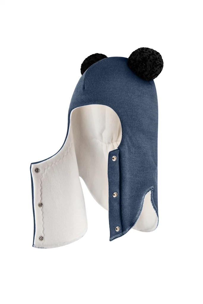 Зимова шапочка-шолом Corona.hm "Пандочка з чорними помпонами" на кнопочках джинс