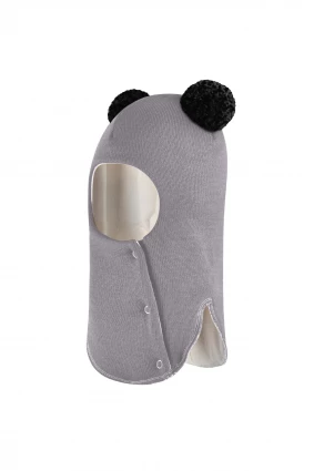 Зимняя шапочка шлем Corona.hm "Пандочка с черными помпонами" на кнопочках дымка