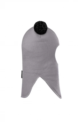 Зимняя шапочка шлем Corona.hm "Пандочка с черными помпонами" на кнопочках дымка