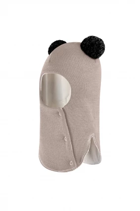 Зимняя шапочка шлем Corona.hm "Пандочка с черными помпонами" на кнопочках латте