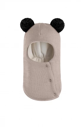 Зимняя шапочка шлем Corona.hm "Пандочка с черными помпонами" на кнопочках латте