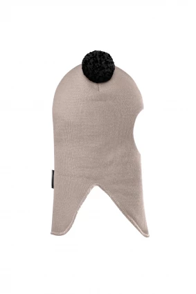 Зимняя шапочка шлем Corona.hm "Пандочка с черными помпонами" на кнопочках латте