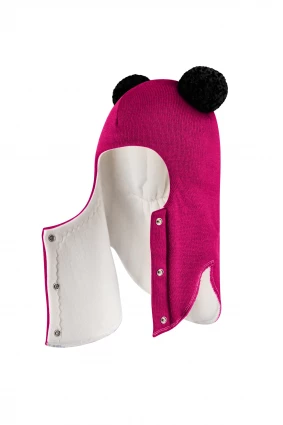 Зимняя шапочка шлем Corona.hm "Пандочка с черными помпонами" на кнопочках малина