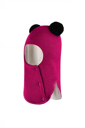 Зимова шапочка-шолом Corona.hm "Пандочка з чорними помпонами" на кнопочках малина