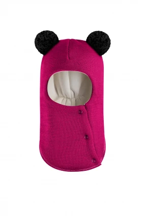 Зимова шапочка-шолом Corona.hm "Пандочка з чорними помпонами" на кнопочках малина