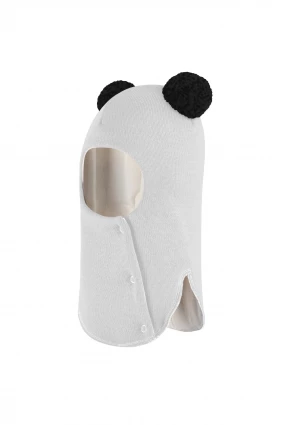 Зимняя шапочка шлем Corona.hm "Пандочка с черными помпонами" на кнопочках молоко