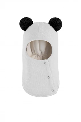 Зимняя шапочка шлем Corona.hm "Пандочка с черными помпонами" на кнопочках молоко