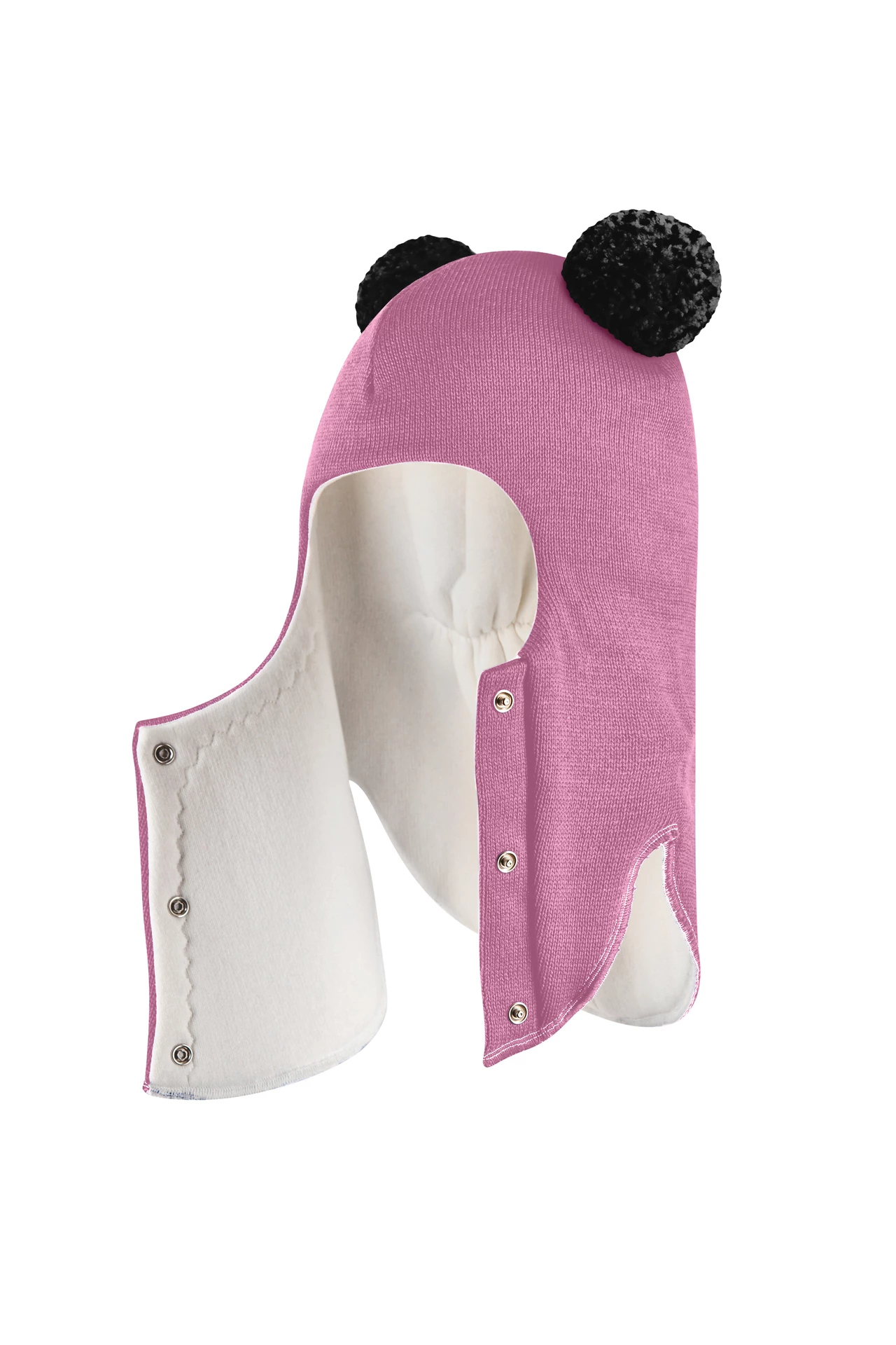 Зимова шапочка-шолом Corona.hm "Пандочка з чорними помпонами" на кнопочках пильно-рожевий