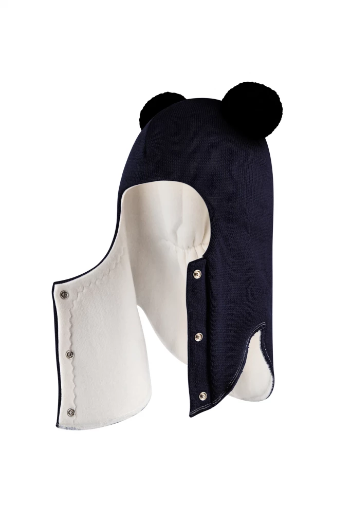 Зимняя шапочка шлем Corona.hm "Пандочка с черными помпонами" на кнопочках синий