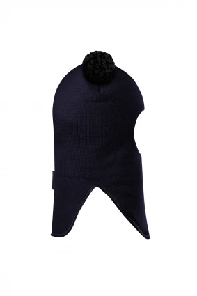 Зимняя шапочка шлем Corona.hm "Пандочка с черными помпонами" на кнопочках синий