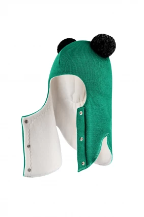 Зимняя шапочка шлем Corona.hm "Пандочка с черными помпонами" на кнопочках изумруд