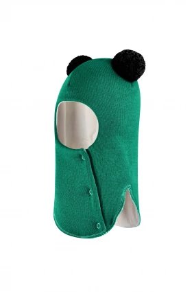 Зимняя шапочка шлем Corona.hm "Пандочка с черными помпонами" на кнопочках изумруд