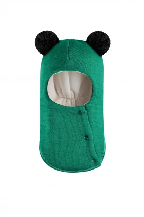 Зимняя шапочка шлем Corona.hm "Пандочка с черными помпонами" на кнопочках изумруд