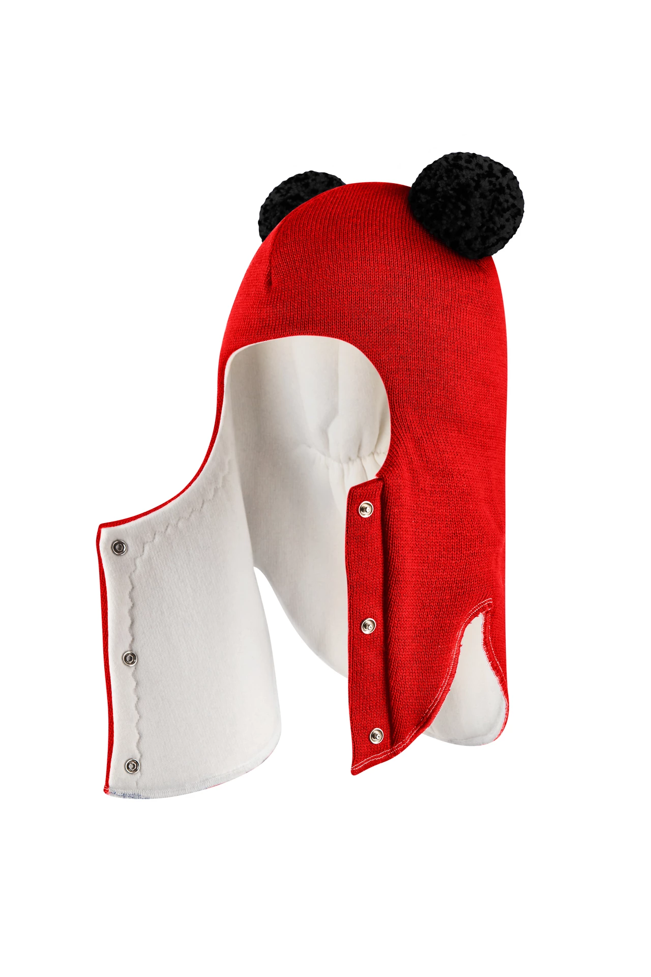 Зимняя шапочка шлем Corona.hm "Пандочка с черными помпонами" на кнопочках красный
