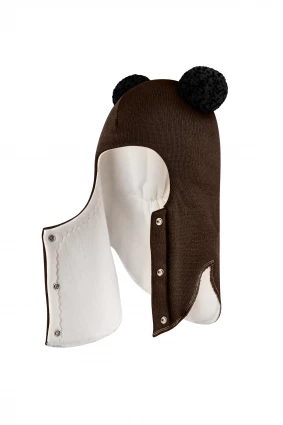 Зимова шапочка-шолом Corona.hm "Пандочка з чорними помпонами" на кнопочках шоколад