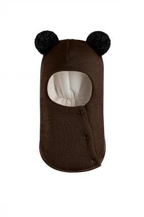 Зимова шапочка-шолом Corona.hm "Пандочка з чорними помпонами" на кнопочках ягідний