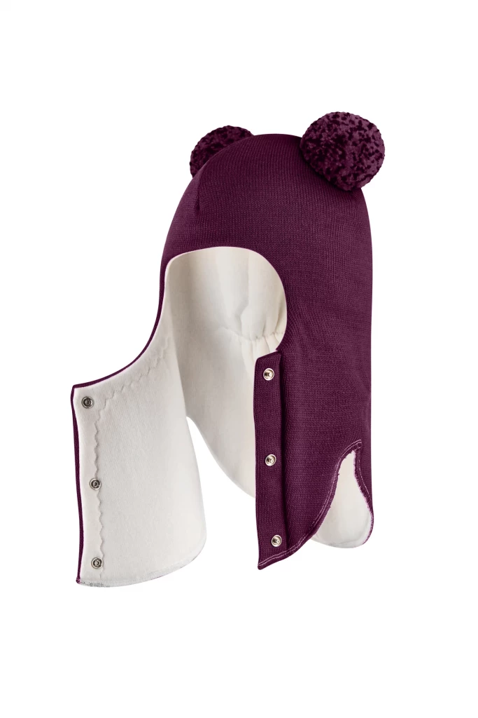 Зимова шапочка-шолом Corona.hm "Пандочка з помпонами МЕЛАНЖ" на кнопочках бордо