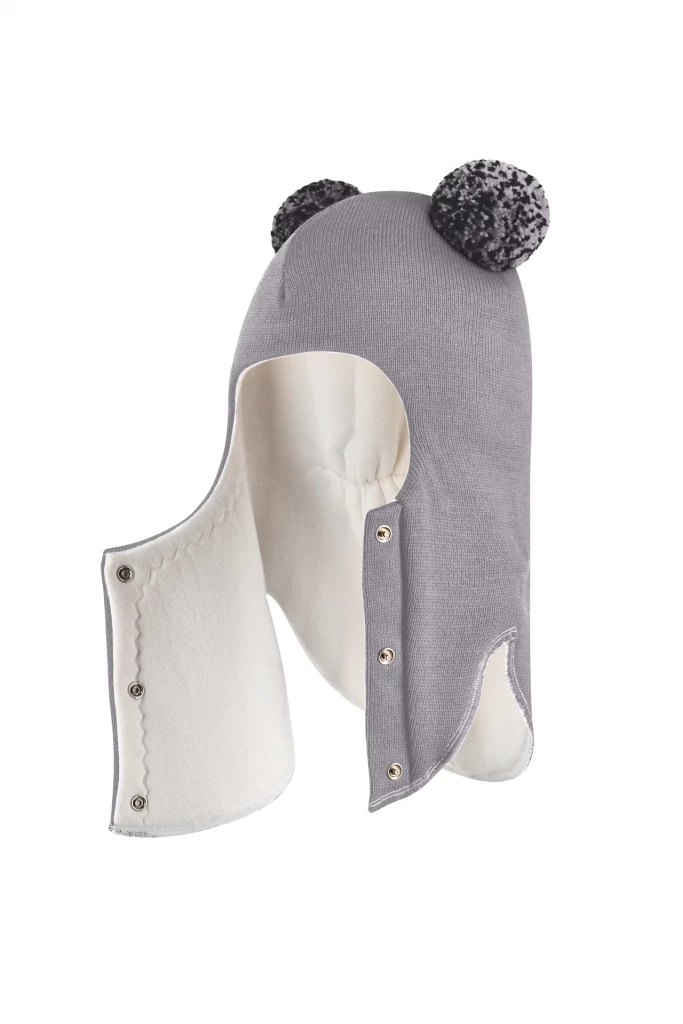 Зимняя шапочка шлем Corona.hm "Пандочка с помпонами МЕЛАНЖ" на кнопочках дымка