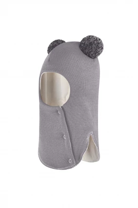 Зимняя шапочка шлем Corona.hm "Пандочка с помпонами МЕЛАНЖ" на кнопочках дымка