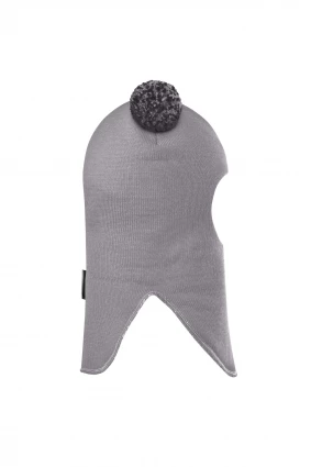 Зимняя шапочка шлем Corona.hm "Пандочка с помпонами МЕЛАНЖ" на кнопочках дымка