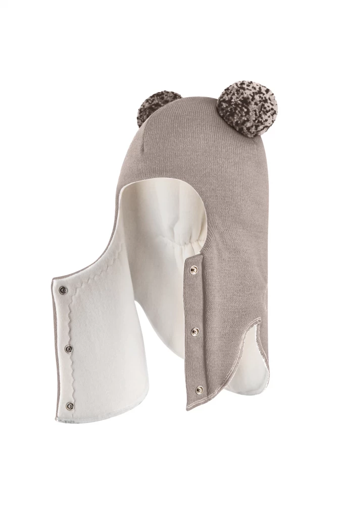 Зимняя шапочка шлем Corona.hm "Пандочка с помпонами МЕЛАНЖ" на кнопочках капучино