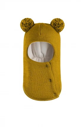 Зимняя шапочка шлем Corona.hm "Пандочка с помпонами МЕЛАНЖ" на кнопочках медовый