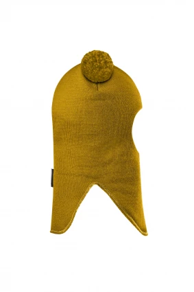 Зимняя шапочка шлем Corona.hm "Пандочка с помпонами МЕЛАНЖ" на кнопочках медовый