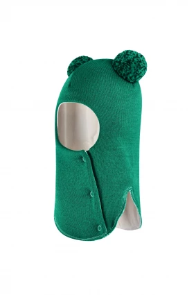 Зимняя шапочка шлем Corona.hm "Пандочка с помпонами МЕЛАНЖ" на кнопочках изумруд