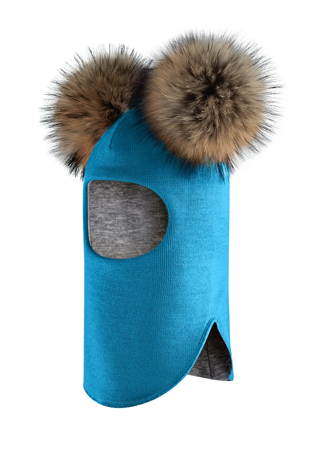 Зимова шапочка-шолом Corona.hm "Карамелька" бірюза  з 2 натуральними помпонами єнот
