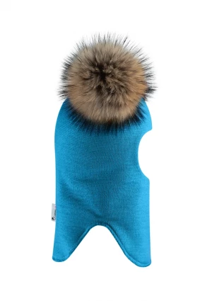 Зимова шапочка-шолом Corona.hm "Карамелька" бірюза  з 2 натуральними помпонами єнот