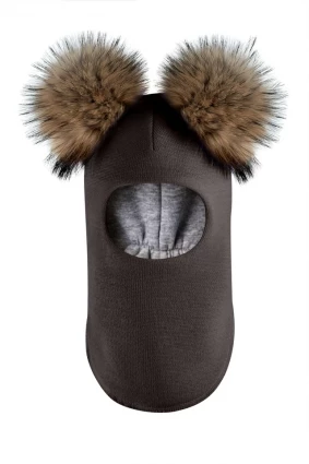 Зимова шапочка-шолом Corona.hm "Карамелька"  графіт з 2 натуральними помпонами єнот